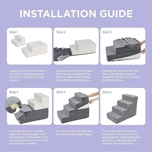 Lesure Dog Stairs for Small Dogs and Cats Foldable Pet Steps for High Beds and Couch with CertiPUR-US Certified Foam and Non-Slip Bottom, Grey, 4 Steps 6