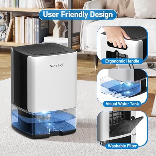NineSky Dehumidifier for Home, 35oz Water Tank (300 sq.ft), Small Dehumidifiers for Bathroom, Bedroom, Basement with 7 Colorful Lights, Auto Shut Off, White 6