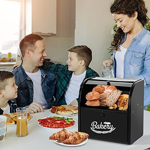 Olebes Metal Bread Box For Kitchen Countertop, Storage Container Holds 2 Loaves Of Bread, High Capacity Breadbox, Bread Holder Suit Farmhouse Kitchen Decor For Counter (Black) 7