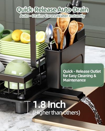 Nfnoyp Dish Drying Rack, 2 Tier Space-Saving Dish Rack, Multifunctional Dish Drainer for Kitchen Counter with Drainboard/Utensil/Cup Holder Rustproof Carbon Steel, Black 5