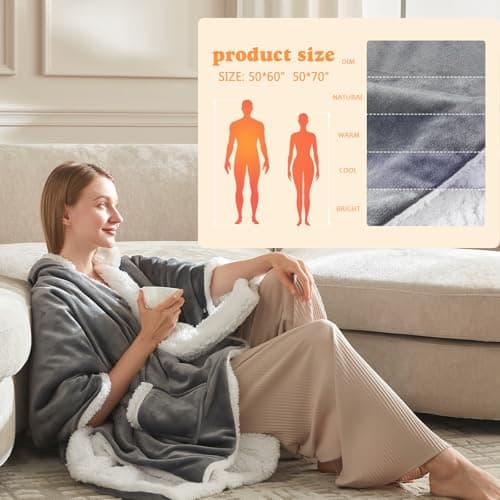 ACCU-WARMTH Wearable Heated Blanket - Fast Warm Up Electric Blanket Hoodie with 6 Heat Levels, Snuggies for women, gifts for her, 50"x60", London Grey 6