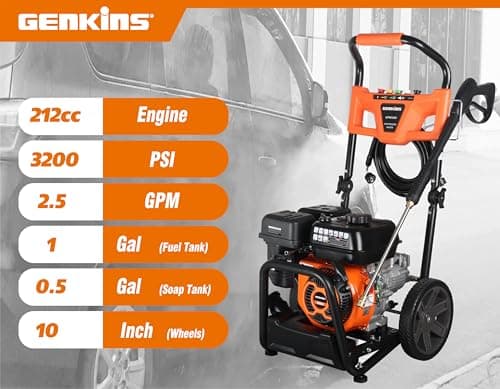 Genkins GPW3200 Gas Powered Foldable Pressure Washer 3200 PSI and 2.5 GPM, Soap Tank and Five Nozzle Set | Compact & Foldable 6