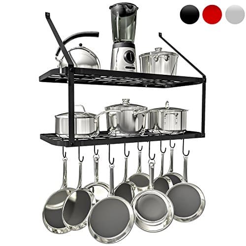 Vdomus Hanging Pot and Pan Organizer - Rustproof Wall Mounted Rack for Kitchen Storage - Durable, Thick Iron Material - 2-Tier Shelf with 10 Hooks for Utensils - Wall Mounted Black Pot Rack 9