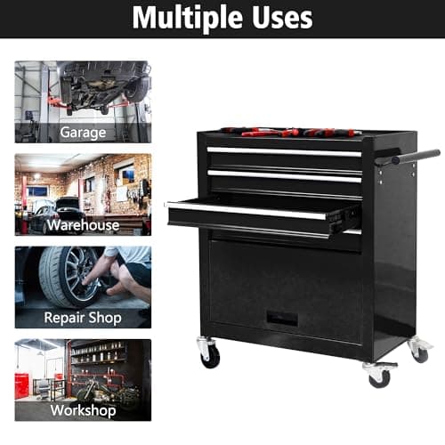 BouPower Rolling Tool Chest, 4-Drawer Rolling Tool Box with Interlock System and Wheels for Garage, Warehouse, Workshop, Repair Shop Black 6