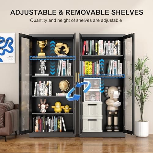 Polup Glass Display Cabinet with Lock, Metal Curio Cabinet with Tempered Glass Doors & Adjustable Shelves, Heavy-Duty China Cabinets for Living Room, School, Commercial, Black, Assembly Required 7