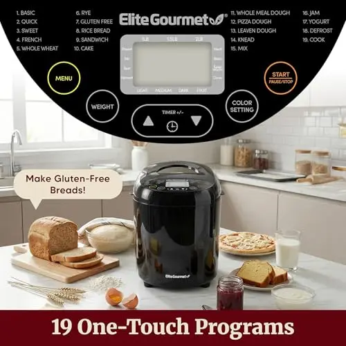 Elite Gourmet Programmable Bread Maker, 2 lb Loaf, 3 Sizes, 19 Presets incl. Gluten-Free, Dough & Jam, Delay Timer, Black 5