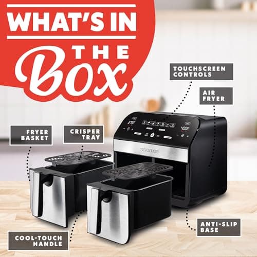 Gourmia Dual Basket Air Fryer - 10 Qt Large Capacity, FryForce360º, Digital Display with 7 Presets, Roast, Bake, Broil, Dehydrate, Match Cook, Sync Finish, Dishwasher Safe Accessories, Black 6