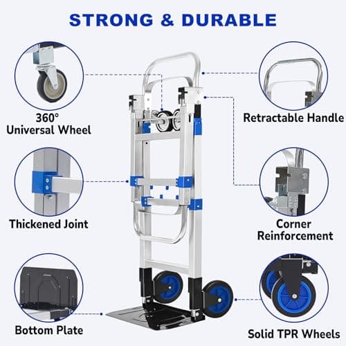 Upgraded 3 in 1 Aluminum Folding Hand Truck, 600lbs Capacity, Heavy Duty Convertible Dolly with Retractable Handle and 4 Rubber Wheels, Collapsible Cart for Moving Home, Office, Warehouse (Blue) 5