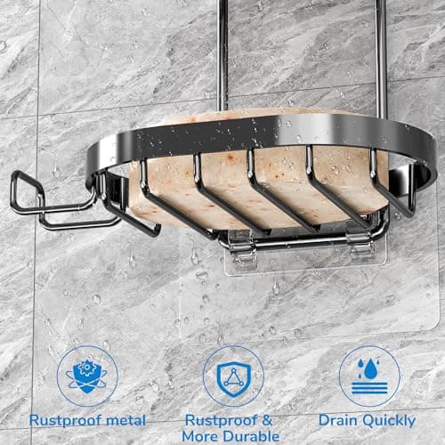 MASADI 2 Tier Soap Dish Holder, Soap Bar Holder with Hooks, Shampoo Bar Caddy for Shower Wall, Razor Holder for Shower, Bar Soap Container 304 Stainless Steel, Bathroom (Black) 5