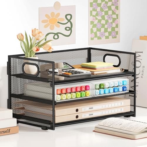 Subekyu 3 Tier Paper Letter Tray Organizer for Desk, Black Metal Mesh Desk File Folder Sorter Organizer with Handle and Sliding Tray for Home, Office, School Supplies Organization Storage 5