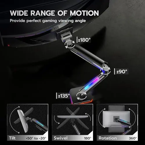 Ultrawide Monitor arm for 17-49'' Heavy Duty Screen up to 44lbs, Gas Spring Single Monitor Arm with RGB Light, Adjustable Gaming Computer Monitor Arm for Desk, Black 2