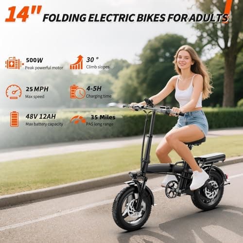 Folding Electric Bike for Adults, 500W Motor 25MPH & 35Miles Long Range, 14” Mini E-Bike with Removable 48V 576Wh Battery, UL Certified Electric Bicycle for Commuting & Teens 6