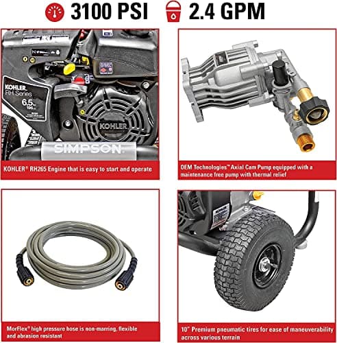 Simpson Cleaning 3100 PSI Gas Pressure Washer, 2.4 GPM Power Washer for Residential Use, Kohler SH270 Engine, 25-Foot MorFlex Hose, MegaShot, 49-State (MS60763) 2