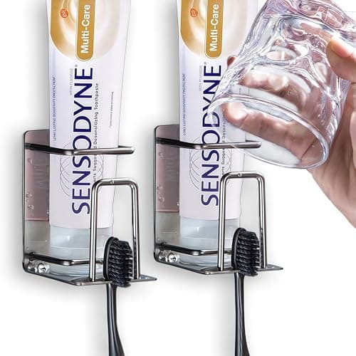 HANZE 2 Pack Toothbrush Holder 304 Stainless Steel Adhesive Wall Mounted 3 in 1 with Toothbrush Holder Toothpaste Holder and Cup Holder for Bathroom Shower