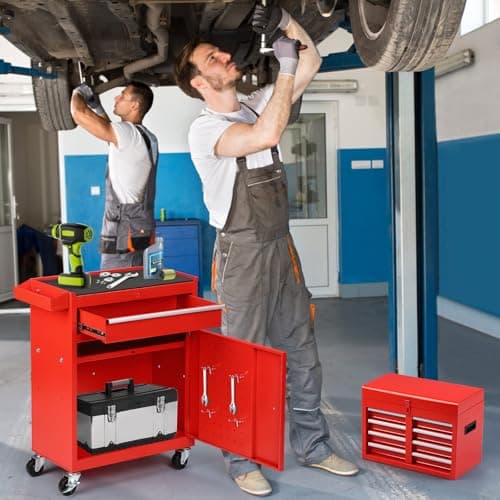 Dawmilon 5-Drawer Rolling Tool Chest with Wheels - High Capacity Tool Cabinet with Detachable Top Toolbox for Garage and Workshop Organization - Metal Tool Cart with Liner & 4 Hooks, Red 8