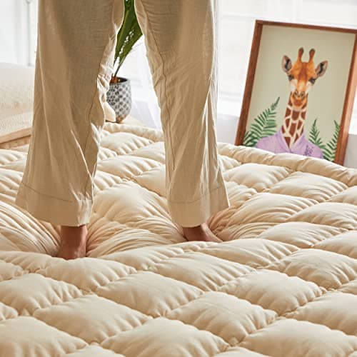 Wow 100% Organic Merino Wool Pillow Top Mattress Topper 2" for Back Pain Relief | Non-Toxic Raw Cotton Cover | Natural Cooling Quilted Fitted Mattress Pad | Hand Made Authentic Comfort | Medium Firm 5