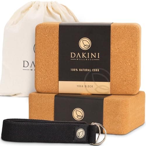 Cork Yoga Blocks 2 Pack with Strap- 9x6x3 Inch Natural Yoga Block Set of 2- Pilates Props and Accessories - High Density Cork Bricks For Exercise (Natural Cork, Blocks with Strap and Bag)