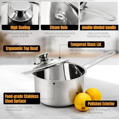 AuFranc® 2 Quart Tri-ply Stainless Steel Saucepan with Glass Lid, Induction Sauce Pan Compatible with All Cooktops, Non-Toxic Sauce Pot with Stay Cool Handle, Oven & Dishwasher Safe (Silver) 3