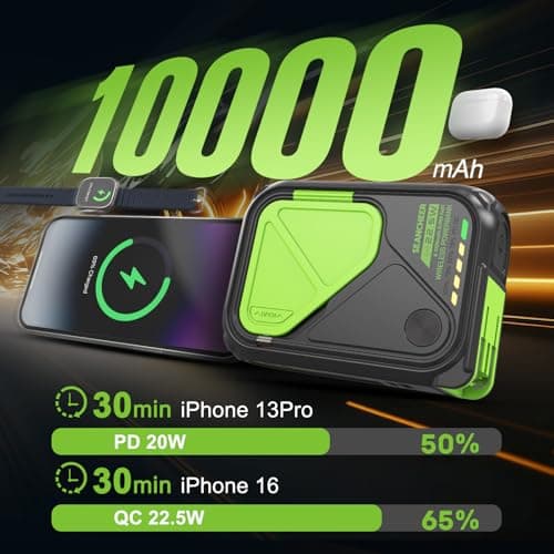 SEANCHEER P05 Portable Charger, Magnetic Power Bank, Small Wireless PowerBank, Battery Pack 10000mAh Travel Essentials Fast Charging with Built in Cable, Foldable Wall Plug for iPhone,Samsung,Andriod 5