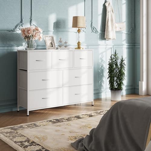 WLIVE 7 Drawer Dresser TV Stand, Dressers for Bedroom, Fabric Storage Tower, Hallway, Entryway, Closets, Sturdy Steel Frame, Wood Top, Easy Pull Handle, White 7