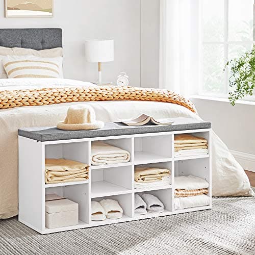 VASAGLE CUSTOS Collection - Shoe Bench, Storage Bench with Padded Seat, Entryway Bench with 10 Compartments, for Bedroom, 11.8 x 40.9 x 18.9 Inches, Cloud White and Dove Gray ULHS010W01 5