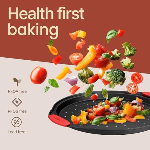 Bakken Pizza Baking Pan - Round Perforated Carbon Steel Pan with Non-Stick Marble Coating, Oversized Silicone Handle, Dishwasher Safe, High-Temperature Resistant, Durable & Easy Cleanup Black, 2 Pack 5
