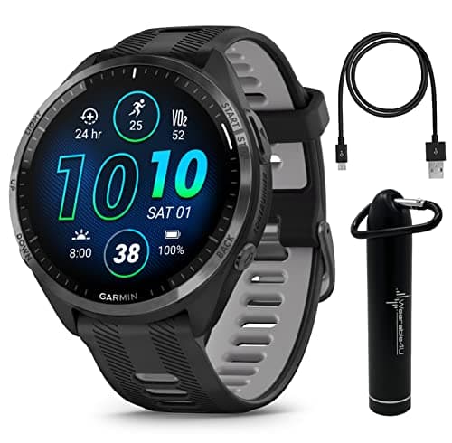 Wearable4U - Garmin Forerunner 965 Premium GPS Running and Triathlon 47mm Smartwatch with AMOLED Touchscreen Display, Carbon Gray DLC Titanium Bezel with Black Silicone Band with E-Bank Bundle