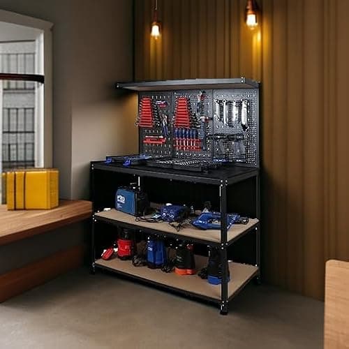47”Workbench, Heavy-Duty Steel Tool Workbench with Pegboard Shelves, 330Lbs Multipurpose Work Benches for Garage, Home, Workshop Storage 5