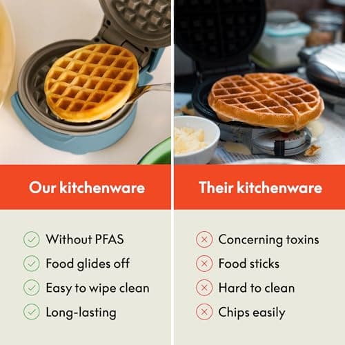 bella Snack-n-Store Min Waffle Maker, EverGood™ Ceramic Nonstick Coating, Cord Wrap, Ready Indicator Light & Cool Touch Handles, Stackable Design & Customizable Plates, 350 Watt, Surf 7