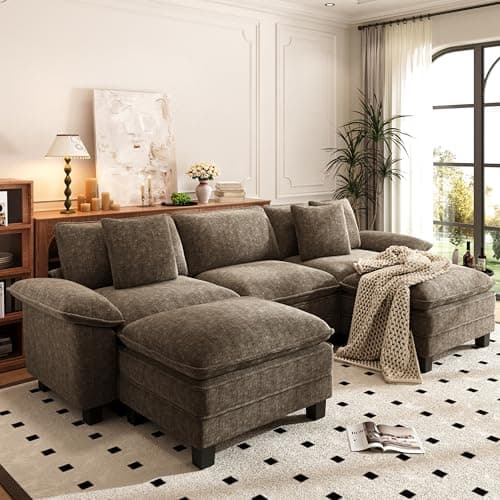 PHI VILLA Cloud Modular Couch Sets, 123.6" Sectional Sofa with U-Shaped Chaise, 5-Seater Couches with 2 Movable Ottomans for Living Room, Chenille Fabric, Taupe