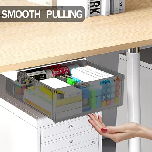 SVNNELP Under Desk Table Drawer Storage Organizer Slide Out, Attachable Hidden Self-Adhesive Under Desk Pencil Tray Drawer for Office/Classroom/Home (Clear Black/M) 5