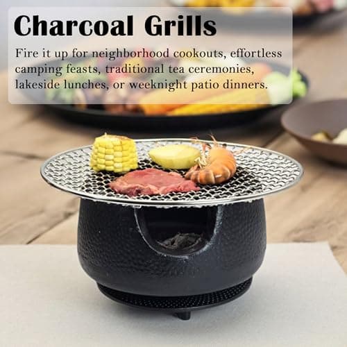 Cast Iron Teapot Warmer with Candle, Small Heavy Charcoal Stove for Tea Pot, Tea Kettle Warmer Set with Trivet, Barbecue Grill, ​Hibachi with 18/8 Stainless Steel Mesh 6