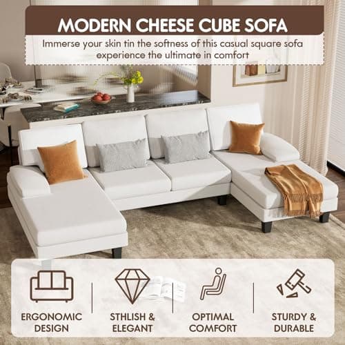 YESHOMY Convertible Sectional Sofa U-Shaped Couch with Soft Modern Cotton Chenille Fabric for Living Room, Oversized Seats with Comfortable Backrest, 50"D x 110.2"W x 33"H, White 6