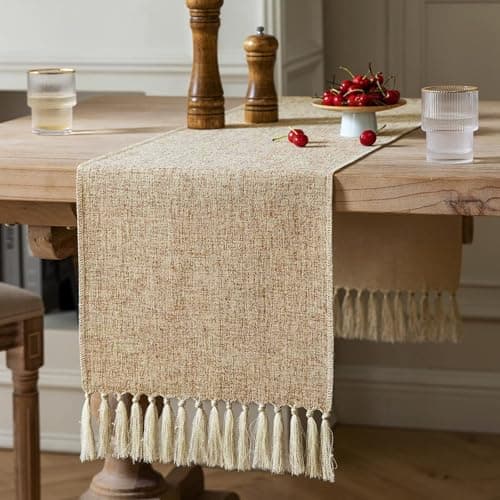 ZeeMart Beige Table Runners 90 Inches Long, Burlap Linen Style Rustic Farmhouse Table Runner, Long Boho Dining Table Runner, 13x90 Inches, Oatmeal Beige