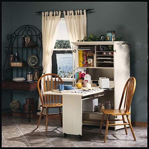 Sauder Harbor View Craft and Sewing Armoire with Table/ Pantry cabinets, Antiqued White finish 9