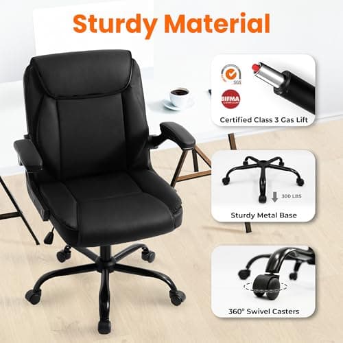 NEO CHAIR Office Desk Computer Chair Ergonomic Executive Mid-Back Leather Gaming Chair with Adjustable Flip-Up Armrests Wheels Swivel for Home Study Task (Jet Black) 8
