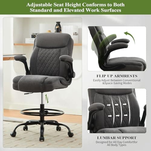 Drafting Chair Tall Office Chair for Standing Desk, Ergonomic High Office Chair with Adjustable Foot Ring, Flip-Up Armrests, Lumbar Support, Comfortable Fabric Seat for Home or Drawing Use – Gray 8