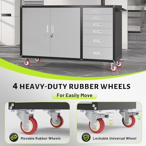 Rumetol 55"W Heavy Duty Rolling Workbench with Drawers and Storage,1000 LBS Capacity Work Bench with Lockable Cabinet & Adjustable Shelf,Garage Workbench with Pegboard & Wheels for Garage/Repair Shop 6