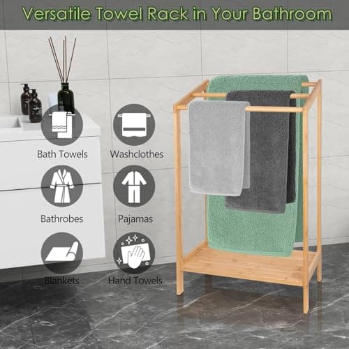FoverOne Bamboo Towel Rack for Bathroom, 3 Tier Floor Freestanding Towel Holder Organizer with Bottom Storage Shelf for Hand Towels, Small Bath Towel and Bathrobe 2