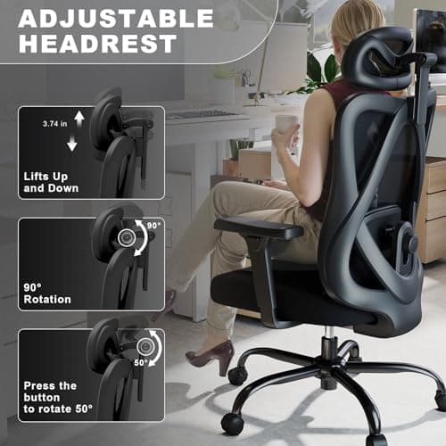 Keratee Ergonomic Office Chair with Adjustable Lumbar Support, High Back Mesh Computer Desk Chairs with 3D Headrest and Armrest, 360° Swivel Wheels and Rocking Function, for Home, Office, Black 6