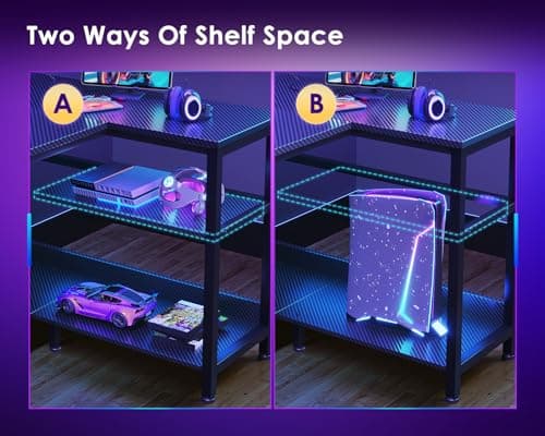 ODK 48 Inch Gaming Desk with USB Charging Ports and LED Lights, Reversible L Shaped Computer Desk with Storage Shelves & Monitor Stand, Corner Gamer Desk Table with Power Outlets, Black 8