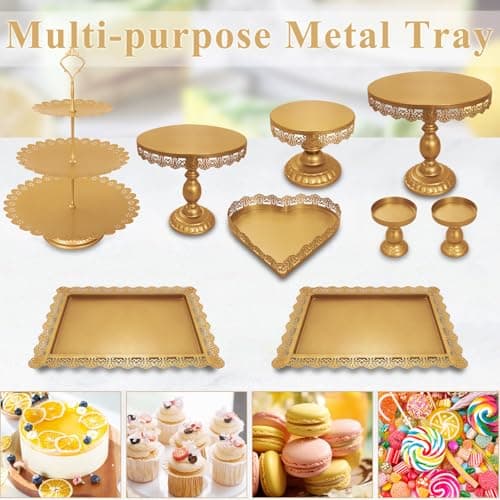 JALANCY Set of 9 Cake Stands Metal Cupcake Stand Set Multiple Styles Candy Fruit Display Tower Dessert Plate Cake Serving Tray for Birthday Party Wedding Anniversary Baby Shower Engagement (Gold) 6