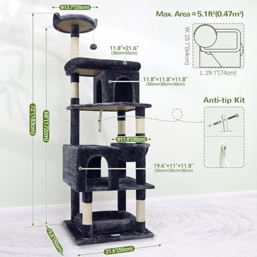 Globlazer Heavy Duty Cat Trees for Large Cats, Sturdy 72in Maine Coon Cat Tree for Large Cats 20 lbs+ Heavy Duty Cat Tower for Adult Biggest Cat with 6 Scratching Posts, Hammock, S72, Dark Gray 6