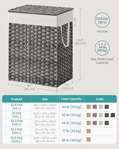 SONGMICS Laundry Hamper with Lid, 90L Clothes Hamper with 2 Removable Liner Bags, 6 Mesh Bags, Wicker Laundry Basket, Double Laundry Hamper for Bathroom, 13 x 18.1 x 23.6 Inches, Gray ULCB251G01V1 6