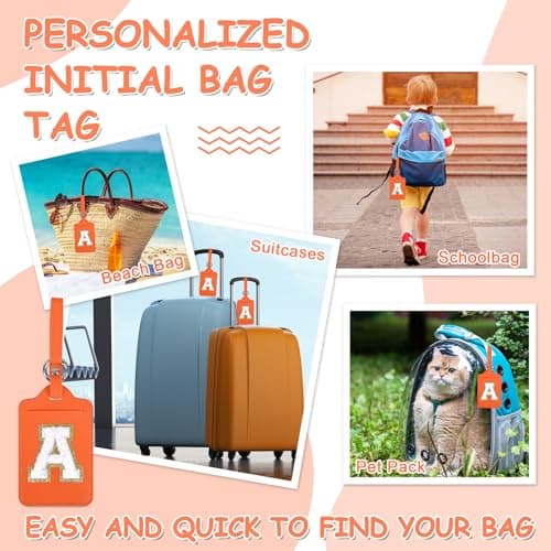 Initial Luggage Tags for Suitcases, Cute Letter Luggage Bag Suitcase Identifier Name Baggage Tag, PU Leather Travel Luggage Tags, Bag Tags for Men Women Kids Luggage Handbags(Orange-White A) 5