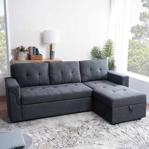 Multifunctional Sectional Sofa with Pull-Out Sleeper Bed & Hidden Storage – Reversible Chaise Dark Gray,Velvet – Space-Saving, Durable, Stylish & Easy DIY Assembly for Apartments & Small Homes