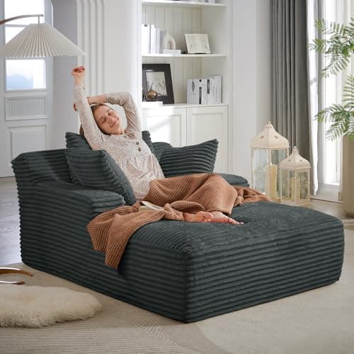 Oversized Chaise Lounge Chair Indoor,50"W Upholstered Corduroy Couch with 3 Pillows,Comfy Fluffy Cloud Couch,Modern Deep Seat Sofa,Single Sleeper Sofa Chair for Livingroom,Bedroom,No Assembly(Grey) 6