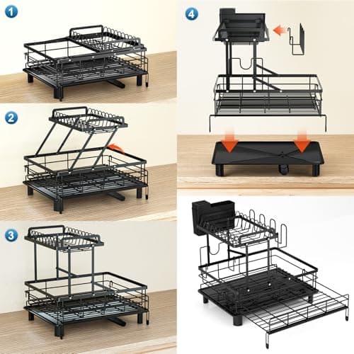 YEYPOP 2 Tier Dish Drying Rack - Expandable Dish Rack Over Sink, 304 Stainless Steel Dish Rack for Kitchen Counter, Dish Drainer w Utensil Holder, Drainboard & Cups Holder, Anti-Rust & Space Saving 5
