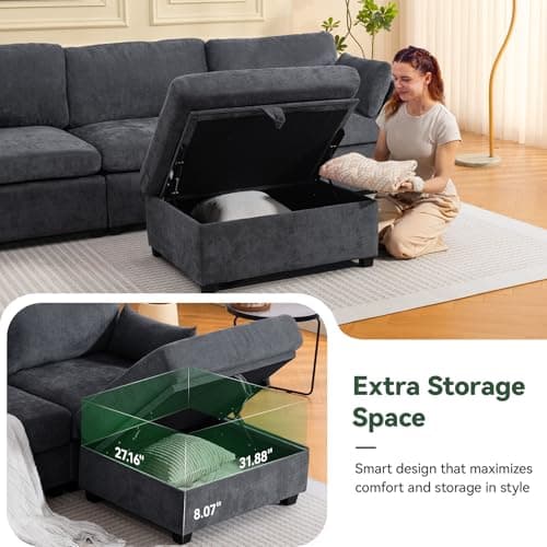 109'' Modular Sectional Sofa, L Shaped Couch with Storage Ottoman, Comfy Cloud Sofa with Deep Seat, 4 Seat Convertible Sectional Couches for Living Room (Gray, Low Legs 1.97") 7