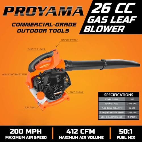 PROYAMA Gas Powered Leaf Blower, 3-in-1 26cc 2-Cycle Handheld Leaf Blower & Leaf Vacuum Mulcher, 412 CFM 200 MPH Cordless Blower with 10 Gallon Collection Bag for Lawn Yard Blowing Snow Dust Debris 5